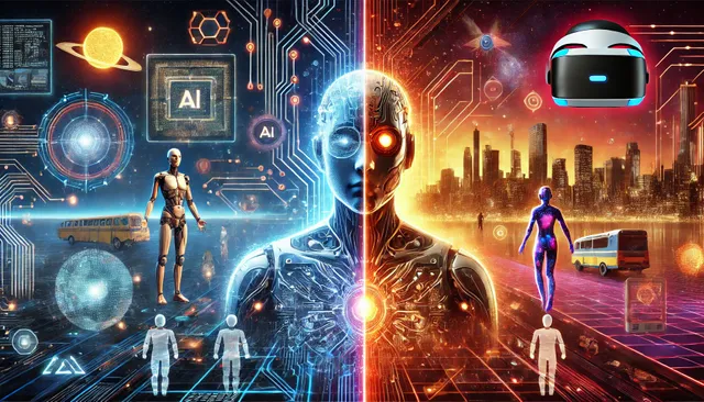 DALL·E 2025-02-23 22.57.00 - A futuristic concept art depicting the rivalry between Artificial Intelligence (AI) and the Metaverse. On one side, AI is represented by glowing circu.webp