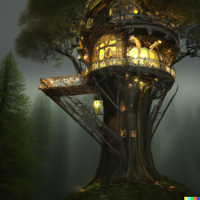 DALL·E 2023-02-16 12.52.04 - victorian gothic steampunk treehouse high above the ground in an old growth redwood forest at night digital art 3d.png