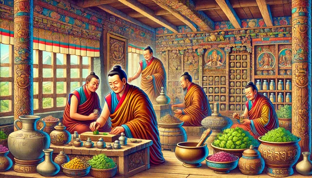 DALL·E 2024-06-29 07.32.05 - An illustration depicting ancient Tibetan men making Ayurvedic medicines. The scene should include traditional Tibetan clothing, herbs, and ancient to.webp