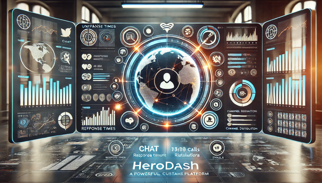 A modern dashboard interface representing HeroDash, a CCaaS platform, showcasing unified management of customer interactions across channels like chat, phone calls, and emails. The design highlights metrics such as response times, ticket resolutions, and channel distribution, emphasizing global connectivity and efficient workflows in a professional and sleek layout.