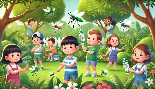 DALL·E 2024-07-26 05.00.47 - Children applying Odomos mosquito repellent cream before playing in a garden. The scene includes children happily playing in a lush green garden, with.webp