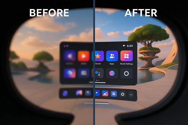Side-by-side comparison inside VR headset, showing blurry vision before and crystal-clear vision after using ANNKUTVR prescription lens inserts