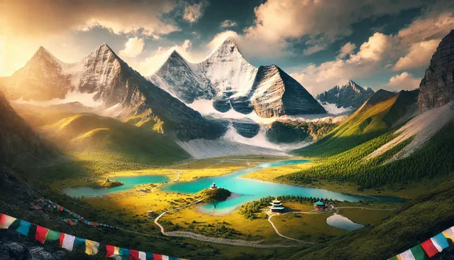 DALL·E 2025-01-23 08.08.13 - A breathtaking view of Yading's Three Sacred Mountains in Sichuan, China, showcasing the snow-capped peaks rising majestically above vibrant green mea.webp