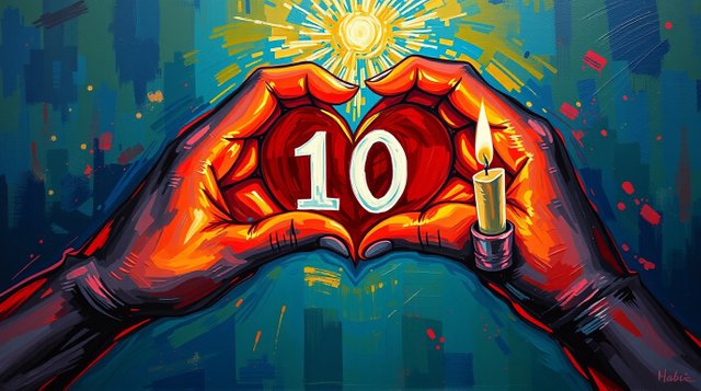 Bold acrylic painting depicting two open hands forming a heart with the number 10 inside, vibrant colors, textured brushstrokes, warm glow from candlelight, flickering flames.jpg
