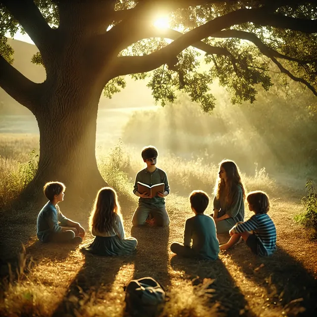 A group of five children sitting in a circle under a large, shady tree in the late afternoon. One child, appearing as the leader, is holding a book or.webp