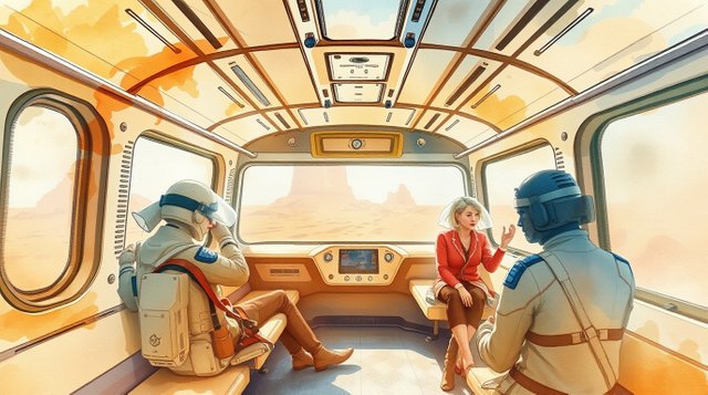 Delicate watercolor painting, futuristic train to Mars, interior view, dynamic motion, translucent washes, fluid brushstrokes, blurred lines, action poses.jpg