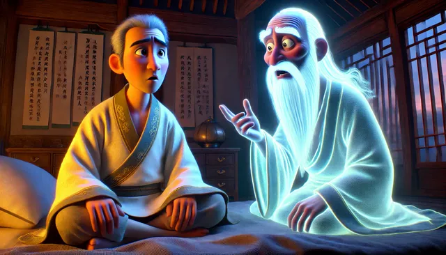 DALL·E 2024-09-02 05.45.46 - A highly detailed 3D Pixar animation style image depicting Zhang Yunde, a middle-aged Song Dynasty official, sitting up in bed with a surprised expres.webp