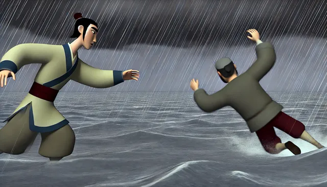 DALL·E 2024-09-08 08.10.46 - A 3D Pixar-style image set in ancient China, depicting the moment Zhao Weixin pushes the merchant into the river during a storm. The background shows .webp