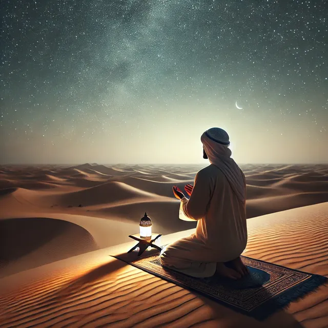 A person praying in Islamic fashion at night in a vast desert. The figure is kneeling on a prayer mat under a clear night sky filled with bright stars.webp