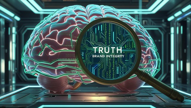 A digital brain made of circuit lines emitting distorted text or code, with a magnifying glass over it revealing the words “truth” and “brand integrity,” in a futuristic tech setting..jpg