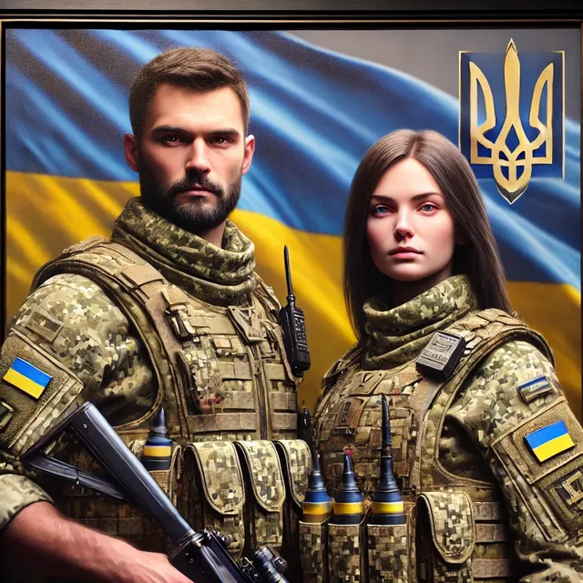 DALL·E 2024-10-01 15.28.06 - A highly realistic close-up image of two figures, a man and a woman, dressed in authentic Ukrainian Army pixel camouflage uniforms, standing proudly. .webp