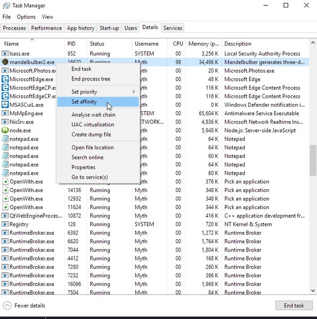 Windows 10 Task Manager Set Affinity