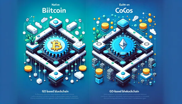 DALL·E 2024-05-15 06.57.26 - An image illustrating the differences between native blockchains and chains built on Go. On one side, show a native blockchain with icons representing.webp