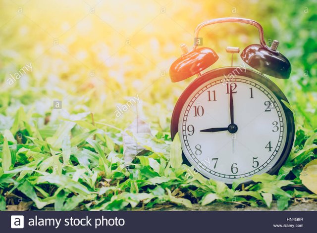 9-oclock-retro-clock-in-the-garden-grass-field-with-sun-light-HN4G8R.jpg