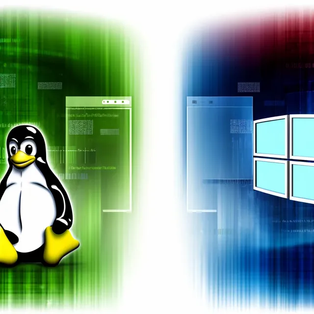 DALL·E 2024-05-27 05.49.35 - A digital illustration representing a conceptual comparison between Linux and Windows servers. On one side, depict a penguin (symbolizing Linux) in a .webp