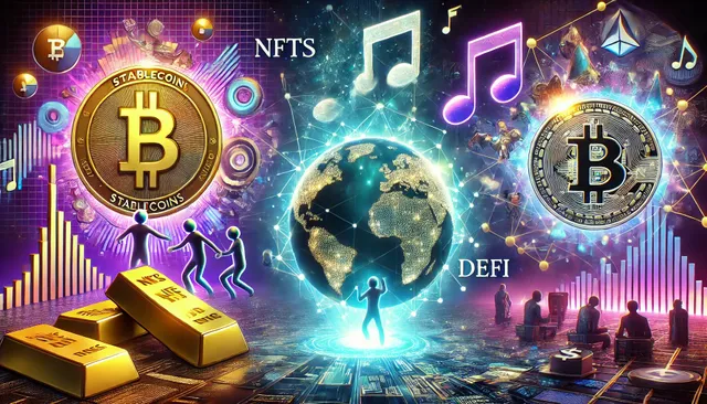 DALL·E 2024-08-27 01.30.00 - A futuristic digital collage highlighting three major trends in the cryptocurrency space_ Stablecoins, NFTs, and DeFi. On the left, depict Stablecoins.webp