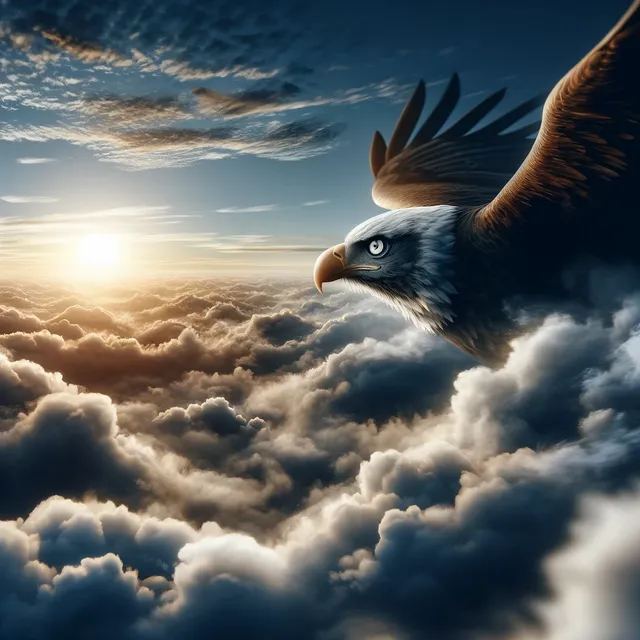 DALL·E 2024-03-26 05.54.09 - A visual metaphor for detachment, wisdom, and strategy. This image portrays a majestic eagle soaring high above the clouds, detached from the mundane .webp