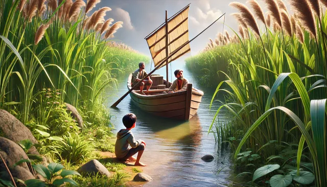 DALL·E 2024-09-19 08.09.59 - A 3D Pixar-style image of the fishing boat approaching the riverbank, where tall grass and reeds line the shore. Liu Zheng and his son sit together, s.webp