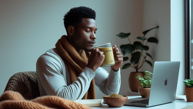 A cozy, modern workspace in soft natural light featuring a person enjoying a plant-based energy drink in a sleek mug or bottle. On the desk_ a closed laptop, a small plant, a wellness journal, and adaptogenic herbs.jpg