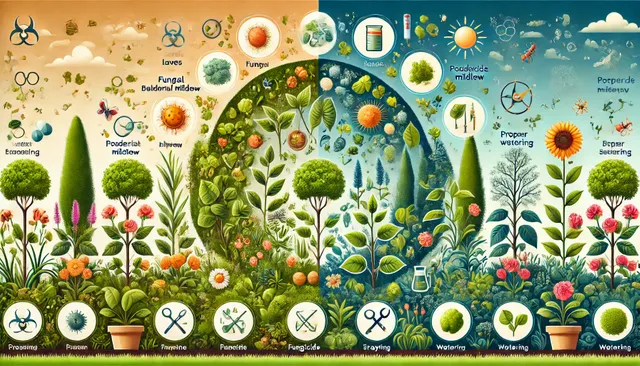 DALL·E 2025-02-12 04.14.13 - A visually engaging landscape image illustrating common plant diseases and their remedies. The image is divided into sections_ one side shows unhealth.webp