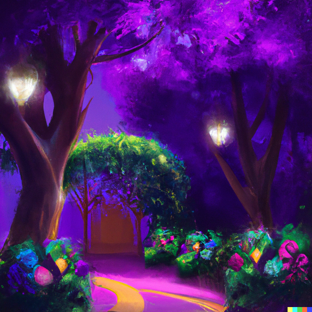 DALL·E 2022-12-26 23.56.31 - painting of a beautiful garden in night with purple light falling on tree.png