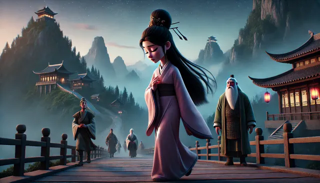 DALL·E 2024-09-09 07.08.00 - A 3D Pixar-style image set in ancient China, depicting the moment as a female mountain deity steps out from the group. The sky is darkening, with a fe.webp