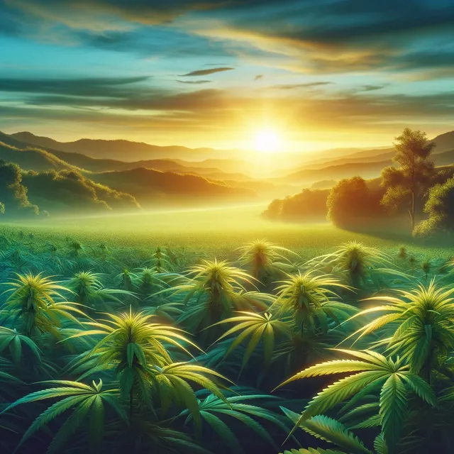 DALL·E 2024-03-31 13.20.06 - A serene landscape depicting a tranquil sunrise over a hemp field, symbolizing hope and renewal. The foreground shows a lush expanse of hemp plants, w.webp