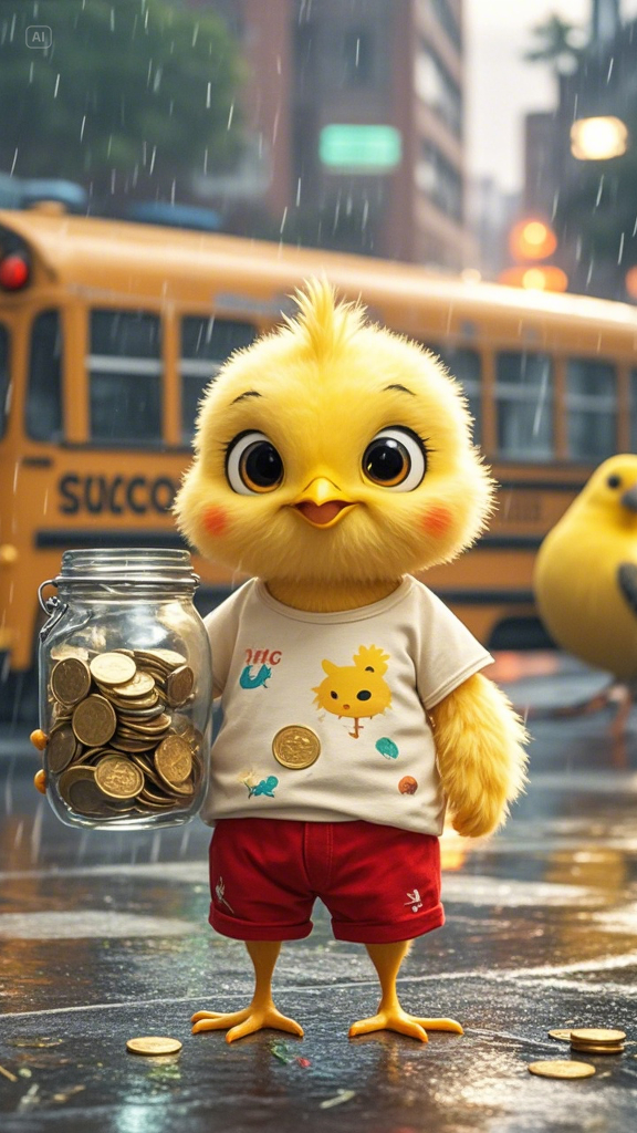 A fluffy yellow chick wearing a printed t-shirt and red shorts, holding a jar full of coins on a rai... (1).png