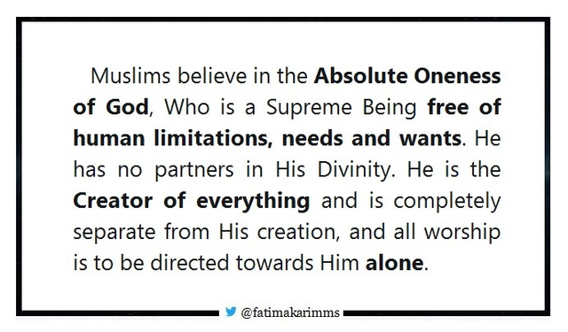 Muslims believe in the Absolute Oneness of God, Who is a Supreme Being free of human limitations, needs and wants. He has no partners in His Divinity1.png