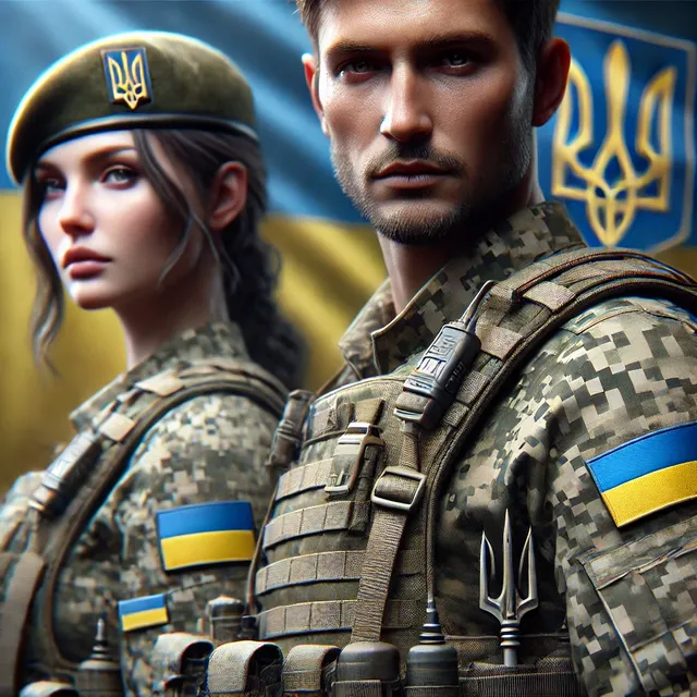 DALL·E 2024-10-01 15.28.10 - A highly realistic close-up image of two figures, a man and a woman, dressed in authentic Ukrainian Army pixel camouflage uniforms, standing proudly. .webp