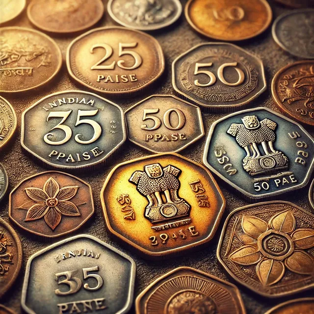 DALL·E 2024-10-27 00.40.36 - A vibrant close-up image of various 1990s Indian 25 and 50 paise coins on a rustic background. The 25 paise coins are round, while the 50 paise coins .webp