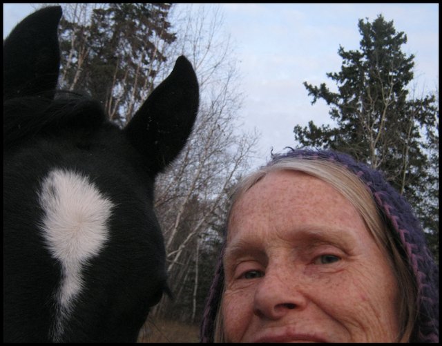 trying to take selfie of me and dougs youngest black horse.JPG