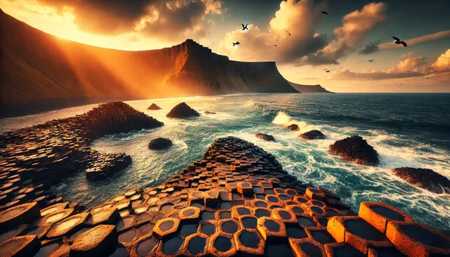 DALL·E 2025-01-26 09.30.31 - A captivating view of the Giant's Causeway in Northern Ireland, featuring its iconic hexagonal basalt columns stretching into the Atlantic Ocean. The .webp