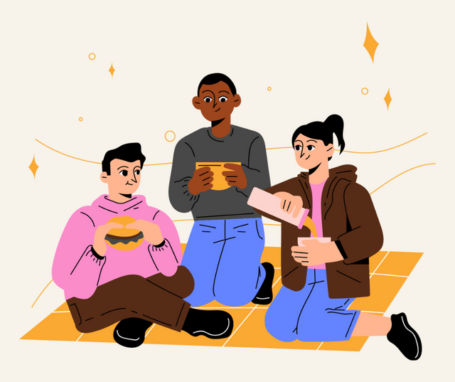 Colorful Fun Three Friends Eating in the Park Illustration National Make a Friend Day Facebook Post.png