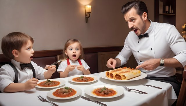 Create-an-image-of-a-waiter-bringing-a-4-year-old-child-a-plate-of-cannelloni-filled-with-meat-to-the-table--The-waiter-is-dressed-in-white--the-child-is-sitting-at-the-head-of-the-table-.jpg