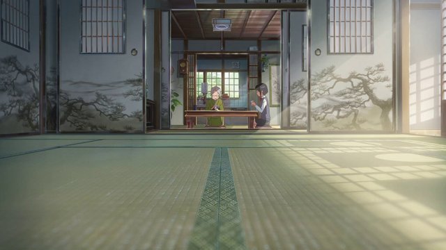 A girl and her grandma drink tea in a traditional Japanese-style tea room.  Scene from the anime feature film 'Your Name'. — Steemit
