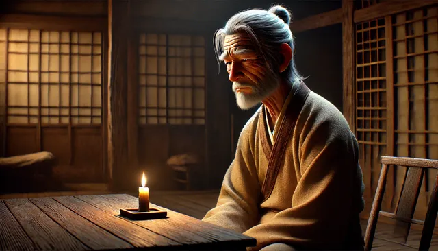 DALL·E 2024-09-01 05.31.41 - A highly detailed 3D Pixar animation style image depicting an aged and weary Zhao Heng, reflecting on his actions. Zhao Heng, now older and more hagga.webp