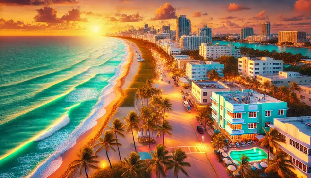 DALL·E 2024-12-05 09.35.04 - A stunning view of Miami’s South Beach at sunset, showcasing golden sands, vibrant turquoise waves, and the pastel-colored Art Deco buildings along Oc.webp