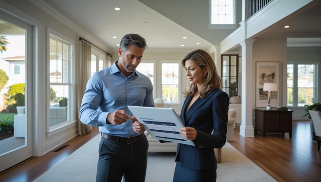 Generate a realistic image of a Bay Area homeowner consulting with a real estate agent in a modern, well-lit home. Show them reviewing documents or a tablet with listings, staging notes, or market data. The setting.jpg