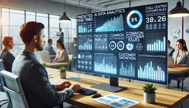 A visually appealing AI data analytics dashboard displaying key metrics for call centre efficiency. The dashboard includes visualizations of predicted peak times, common customer issues, and customer satisfaction scores. The interface highlights data-driven decision-making for optimizing call centre operations in a modern and professional setup.