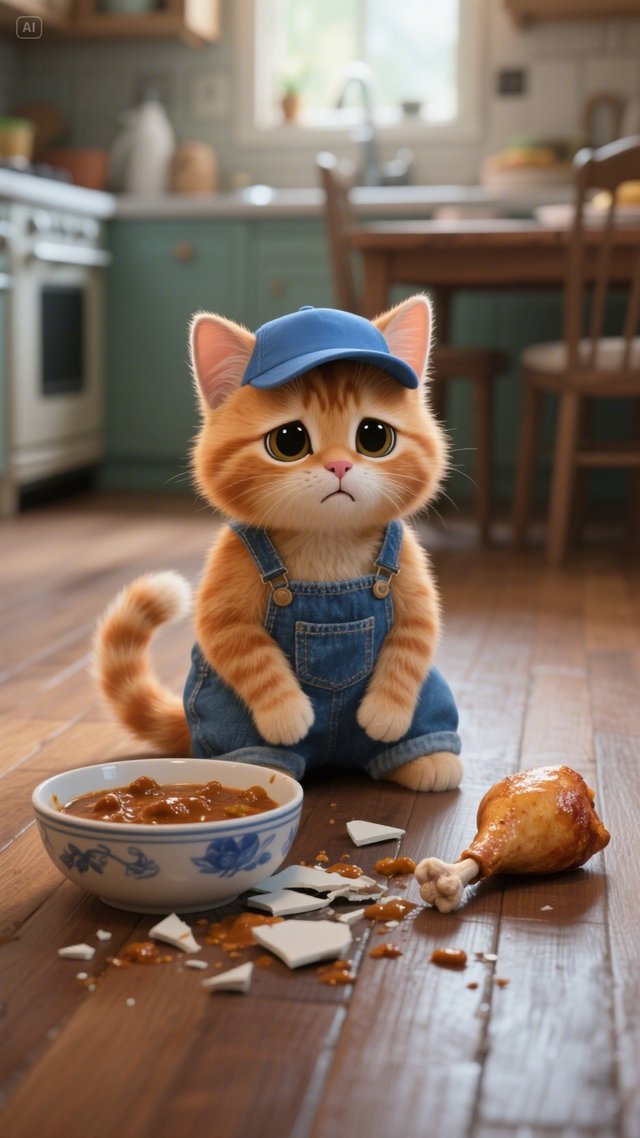 jimeng-2025-05-05-455-An adorable anthropomorphic fluffy orange tabby kitten wearing blue denim over....jpeg