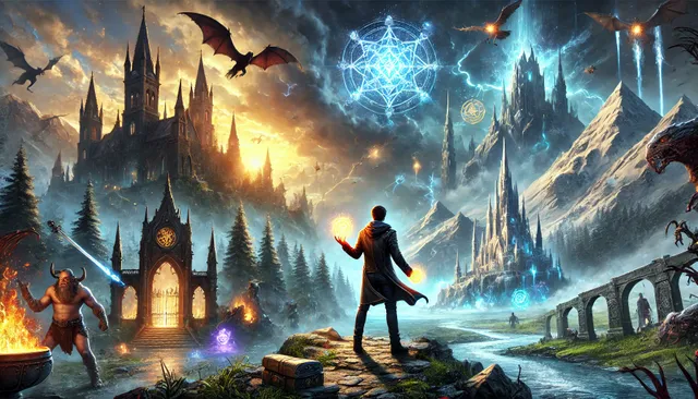 DALL·E 2025-01-15 23.12.17 - A grand fantasy landscape illustrating key moments from a heroic story. The foreground shows a young man holding a glowing talisman, standing confiden.webp