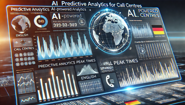 A dynamic visualization of predictive analytics for call centres, featuring AI-powered predictions of call peak times through detailed charts and graphs. The interface includes multilingual support for English, Spanish, German, and French, highlighting the system’s capability to predict and manage international market demands effectively in a modern and tech-oriented design.