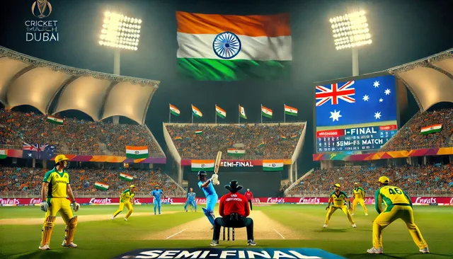 DALL·E 2025-03-05 02.53.49 - A thrilling semi-final cricket match between India and Australia in Dubai. The stadium is packed with fans waving Indian and Australian flags. Under b.webp