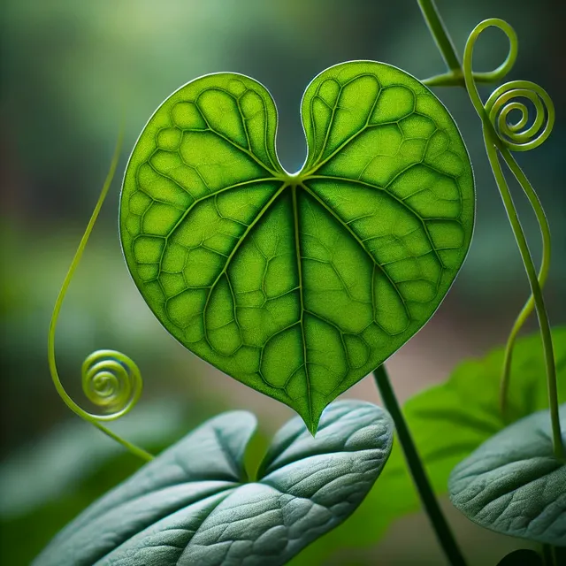 DALL·E 2024-10-12 11.14.46 - A close-up of a Heart-leaved Moonseed (Tinospora cordifolia) plant. The image should highlight its characteristic heart-shaped leaves with a slightly .webp