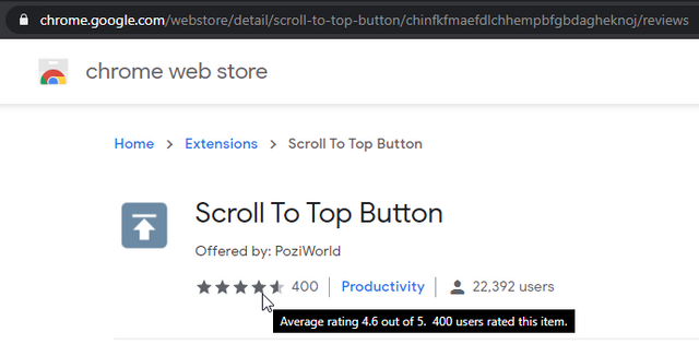 Scroll To Top Button has been rated 400 times with an average rating 4.6 out of 5 in the Chrome Web Store
