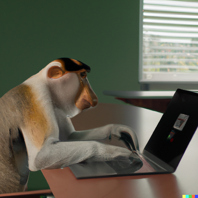 DALL·E 2023-06-11 03.18.56 - Photo of proboscis monkey sitting at a desk with a Google Chromebook in front of him in the empty clasroom ultrarealistic 8K.png