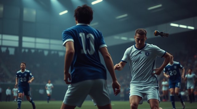 Moody, elegant image of a seven-a-side indoor football match. Two teams, blue and white uniforms, play in a crowded arena, low contrast, refined features.jpg