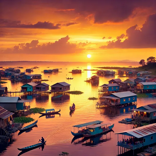 DALL·E 2025-01-27 08.34.56 - A serene view of Tonle Sap Lake's floating village in Cambodia during sunset, with colorful stilted houses and boats scattered on the calm waters. The.webp