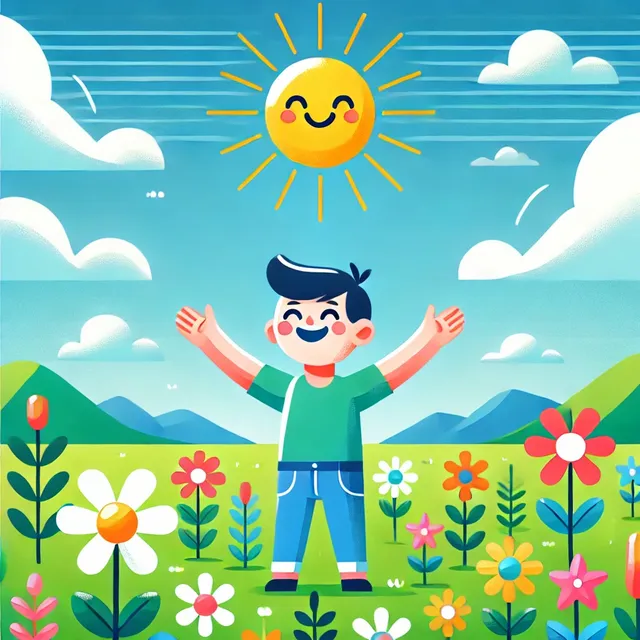 DALL·E 2024-06-21 10.49.33 - A vibrant illustration of a joyful person standing in a lush green field, under a clear blue sky with the sun shining brightly. The person has a wide .webp